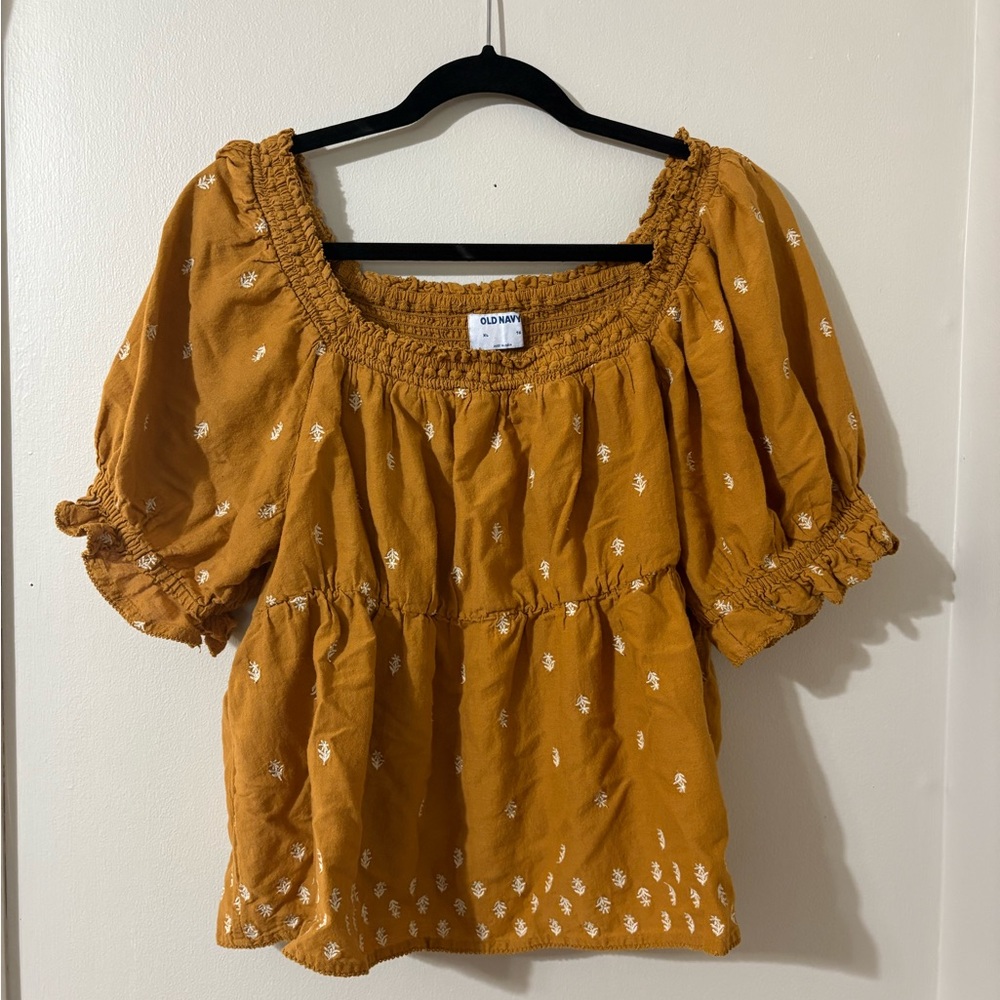 Old Navy Women's Puff Sleeve Embroidered Mustard Blouse